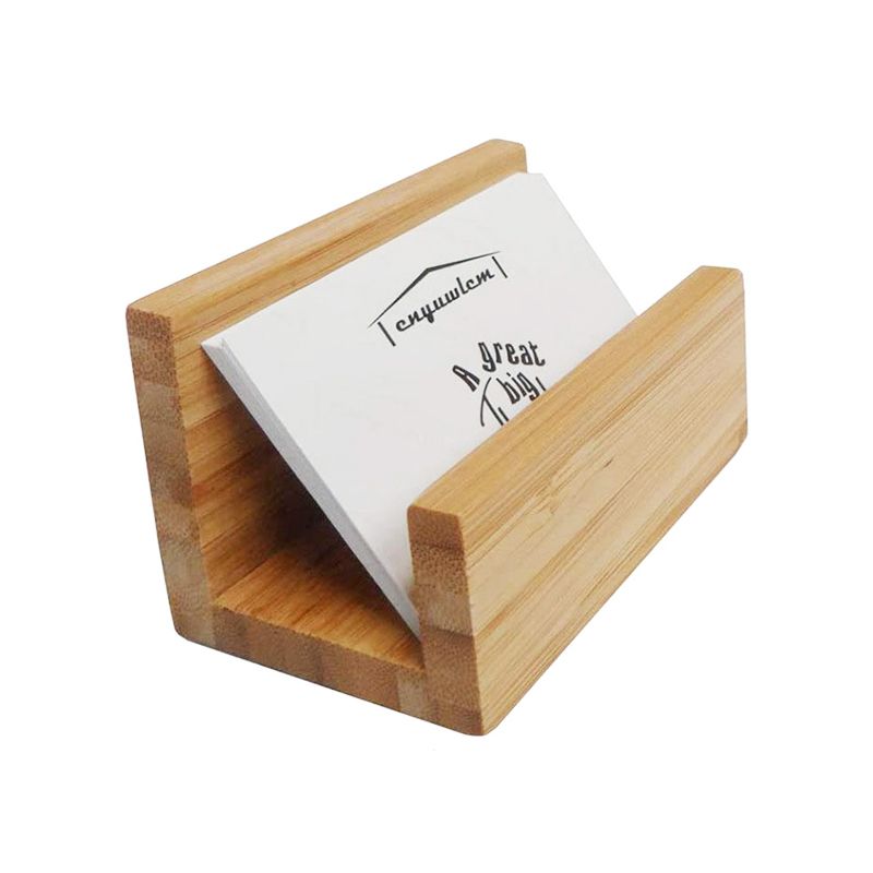 Suporte de cartão de visita de mesa de madeira de bambu personalizado com suporte de telefone