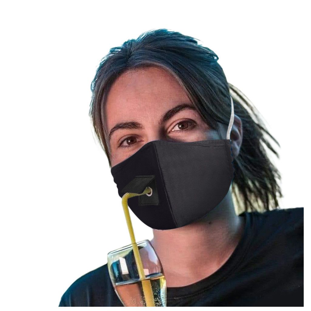 Máscara facial de tecido respirável de 2 camadas e colorida com orifício de palha para bebida